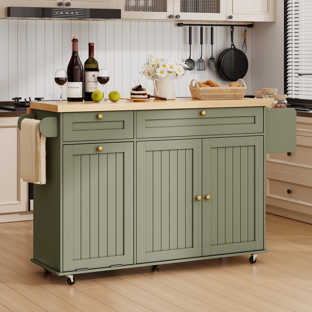 Jamera 60.2"W Kitchen Island with Two Large Storage Cabinets And Drawers, Locking Wheels